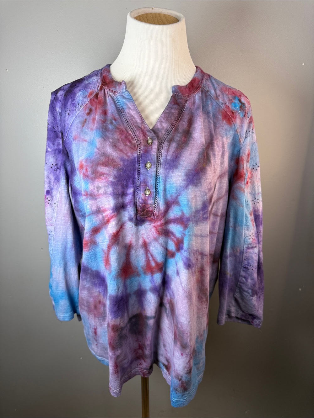 Tie-Dye Long Sleeve Henley style Shirt - Purple/Blue/Red